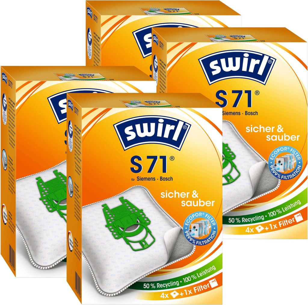 A collage of four product packages for Swirl S71 vacuum cleaner bags.
