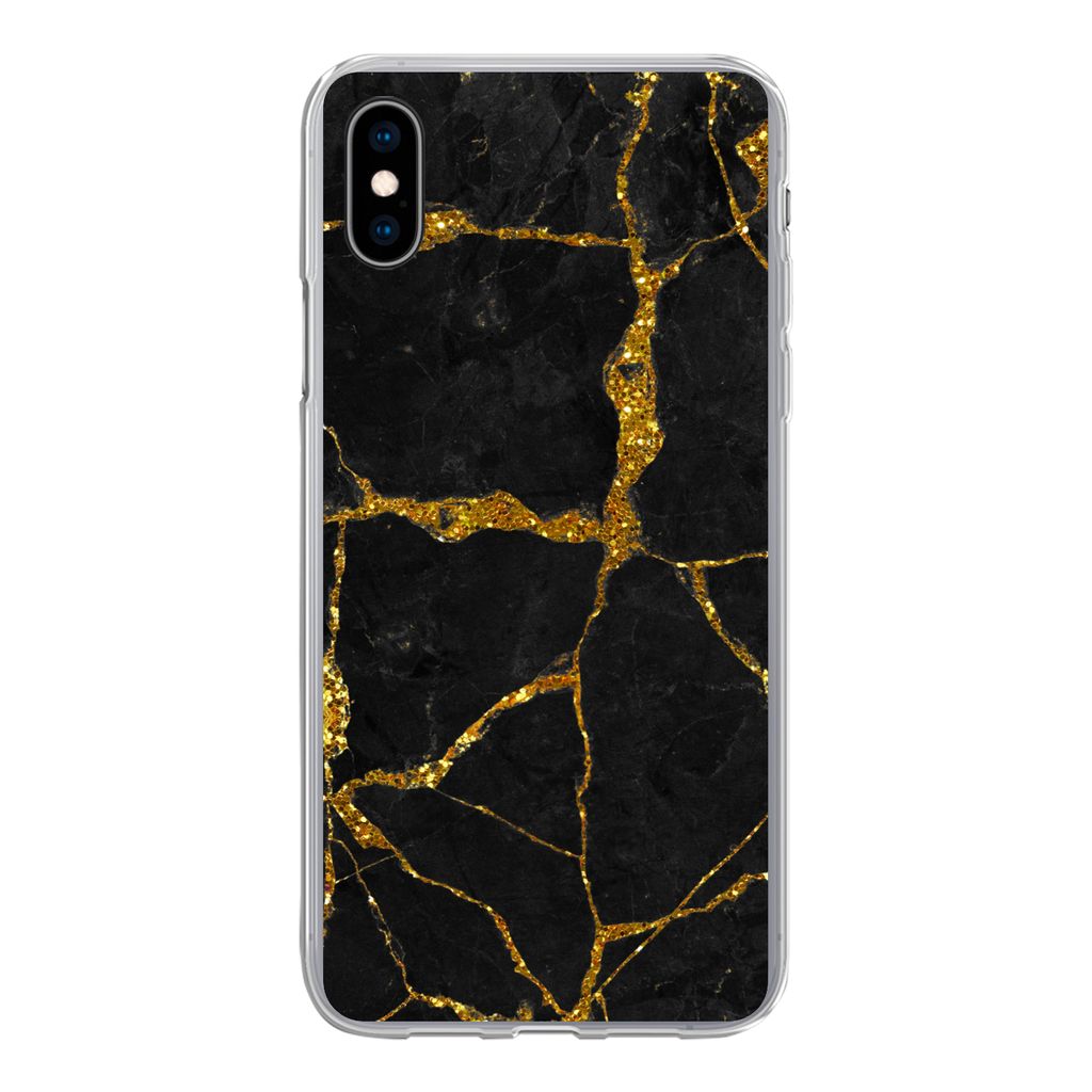 MuchoWow Handyhülle Schutzhülle Hülle für iPhone Xs Marmor - Gold - Schwarz - Marmoroptik - Glitter Silikon Softcase Handy Hülle - Handytasche