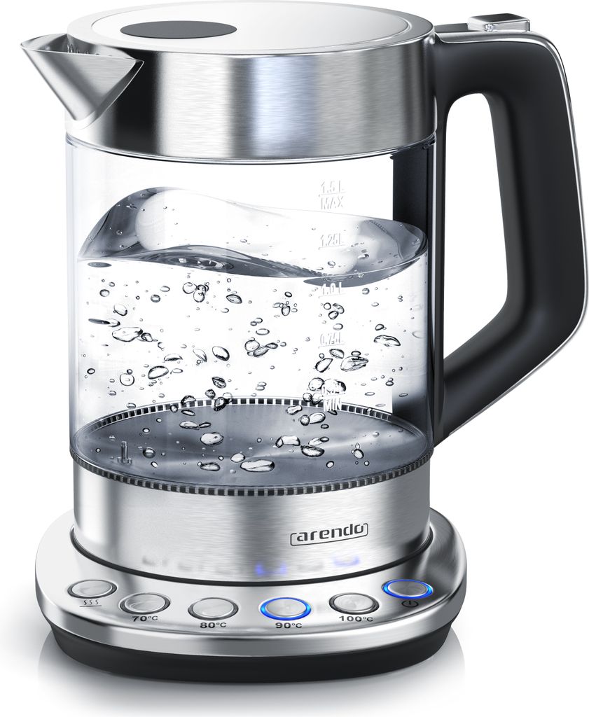 Arendo Wasserkocher mit Temperatureinstellung 70°C - 100°C, Temperaturwahl, Glas, Edelstahl, 1,5 L, 2200W, Warmhaltefunktion, Basisstation, silbe...