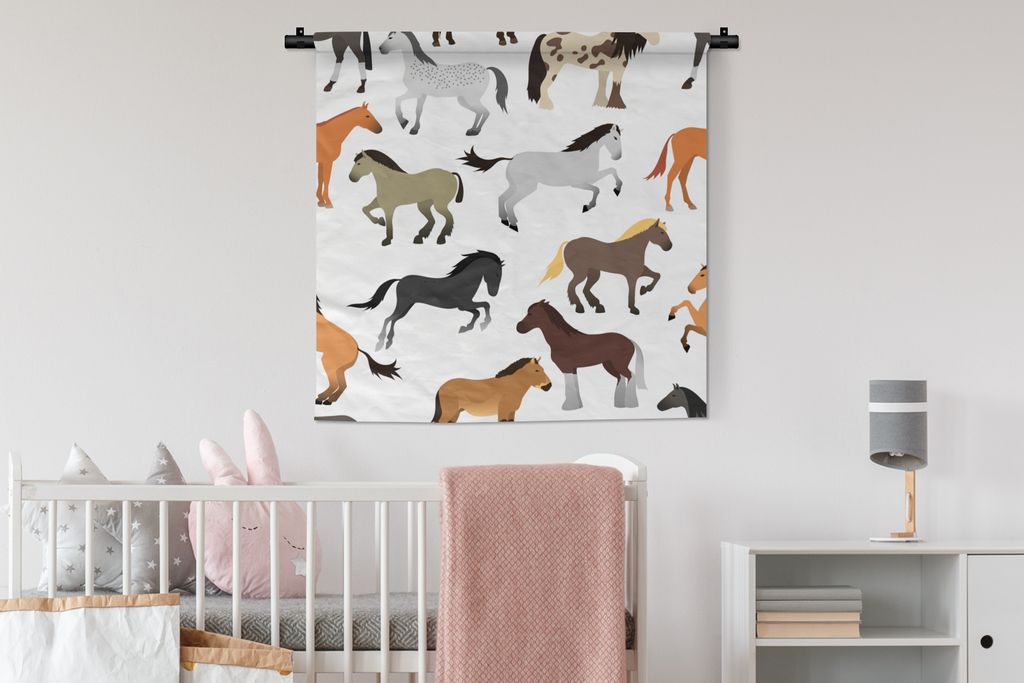 MuchoWow Wandteppich Wandbehang Pferde - Weiß - Muster - Mädchen - Kinder - Mädchen 90x90 cm Tapisserie Dekoration Wandtuch - Wandaufhänger