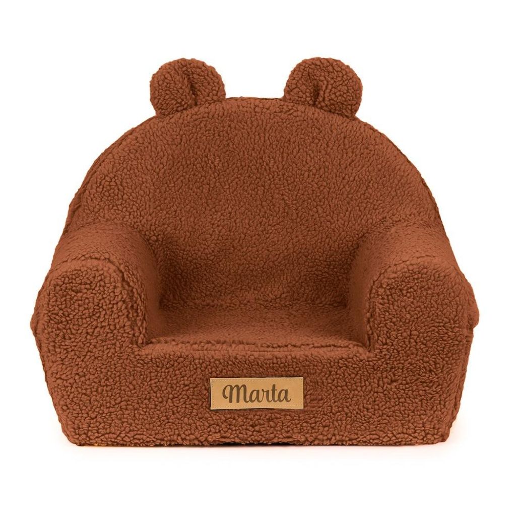 Personalisierter Kindersessel mit Ohren 56x33x42 cm – Teddy Stoff Karamell – Sessel für Babys & Kleinkinder