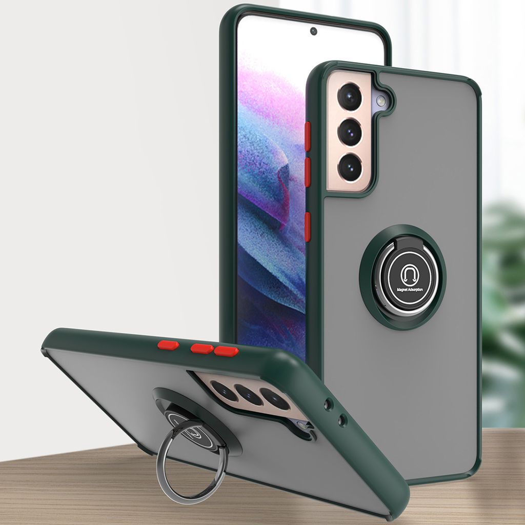 Samsung S21+ 5G Hülle, Ring Halter Ständer Matte Transluzent TPU Rahmen Stoßfest Schutzhülle für Samsung Galaxy S21 Plus 5G dunkelgrün