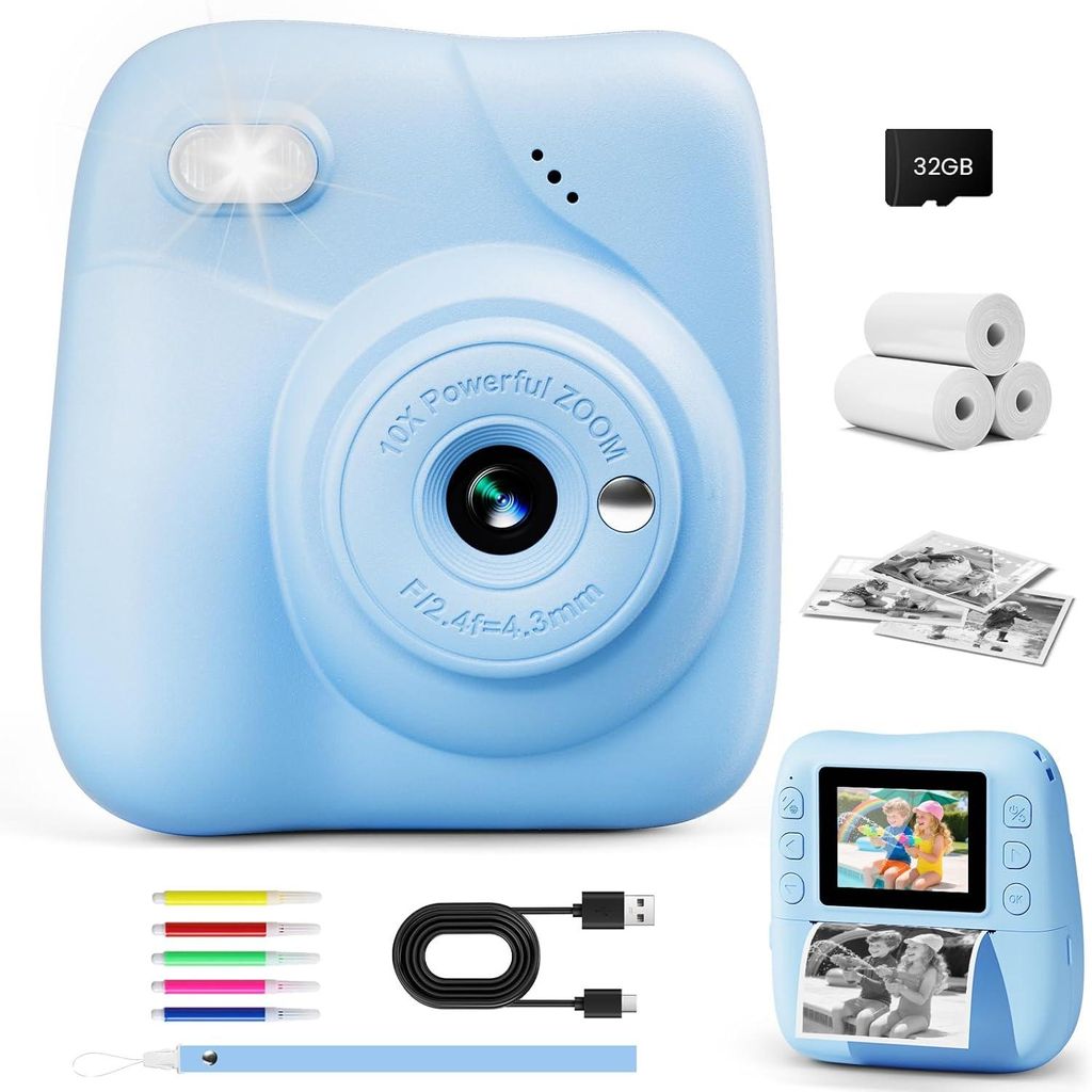 Kinder Sofortbildkamera mit 1080P Video, 48MP Digitalkamera, tintenloser Sofortdruck, 32GB Speicherkarte & 3 Druckpapierrollen, Geschen 3–12 Jahre