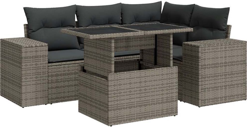 5-tlg. Garten-Sofagarnitur mit Kissen Grau Poly Rattan