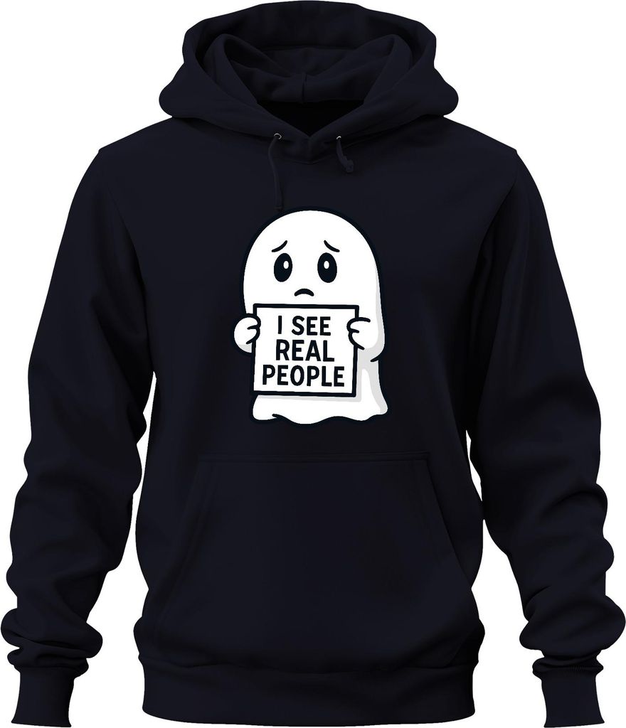 Ich sehe echte Menschen süßer Geist schüchtern Halloween lustig Uni Hoodie Kapuzenpullover, Navy, L