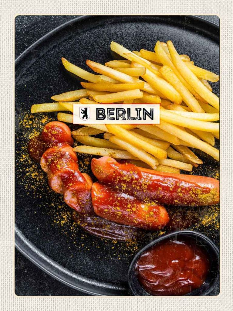 vianmo Holzschild 40x30 cm Berlin Deutschland Currywurst Essen Bildmotiv Reisemotiv Abenteuer Reisen