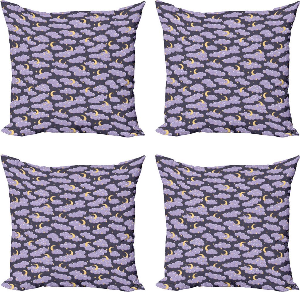 ABAKUHAUS Nacht Kissenbezug Set (4 Stück), Fluffy Clouds Mond und Sterne, Moderner Doppelseitiger Digitaldruck, 45 cm x 45 cm, Lavendel Dark Indigo