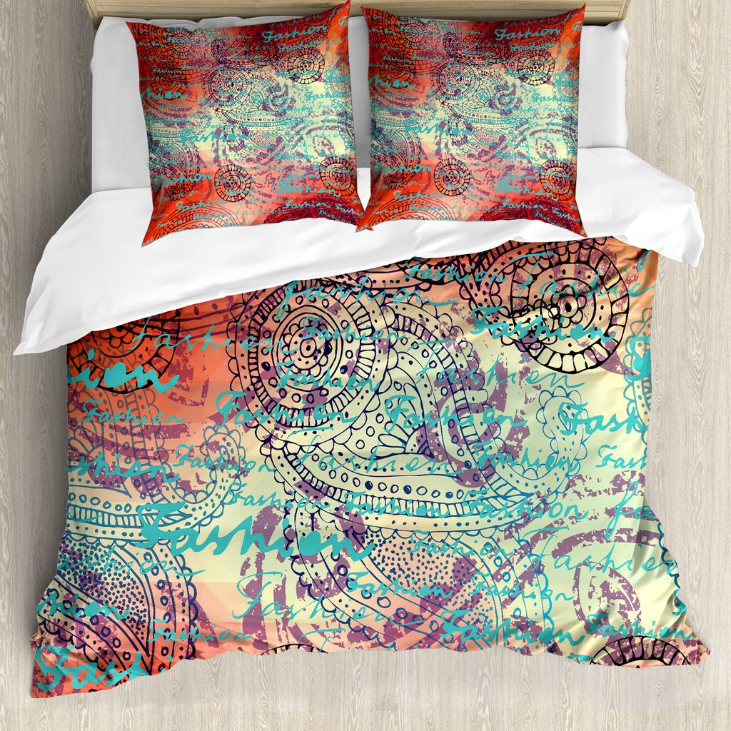 ABAKUHAUS Ethnisch Bettbezug, Grunge Paisley, Milbensicher Allergiker geeignet mit Kissenbezügen, 200 cm x 200 cm - 80 x 80 cm, Türkis Orange Sch...