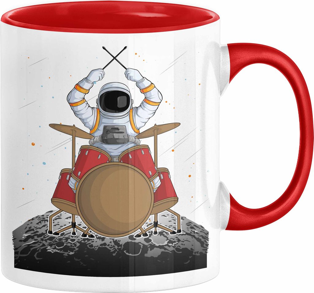 Drummer Schlagzeug-Spieler Geschenk Tasse Geschenkidee Kaffee-Becher Schlagzeuger Mond Grafik (Rot)