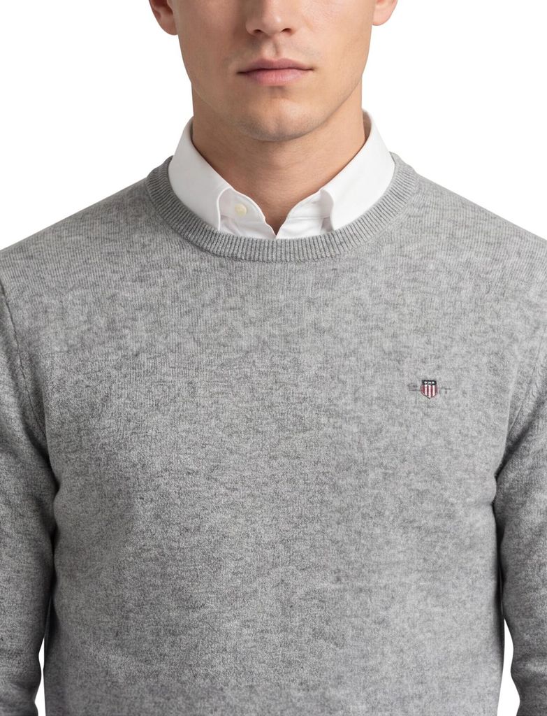 Gant Pullover grau meliert Rundhals Wolle lange Ärmel