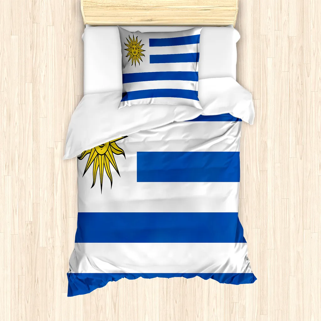 ABAKUHAUS Uruguay Set copripiumino per letti singoli, strisce semplici e bandiera Sun, antiacaro, adatto a chi soffre di allergie, con federa, 135 cm x 200 cm - 80 x 80 cm, blu cobalto-bianco