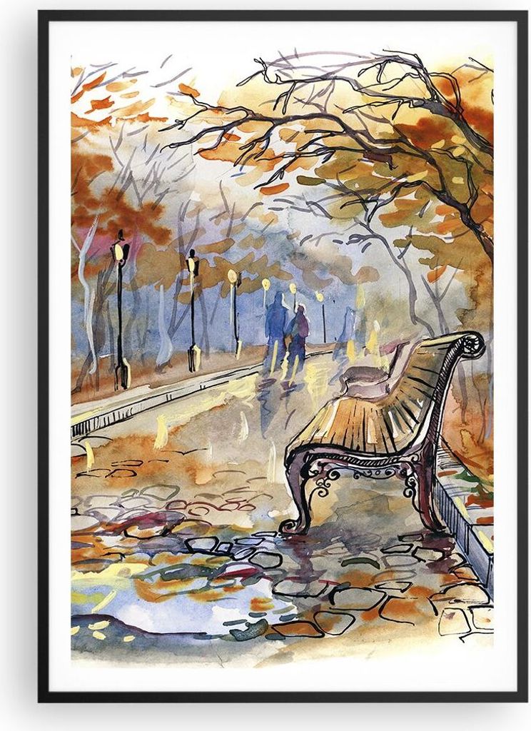 Gerahmtes Poster - Schwarzer Rahmen - Path Bench Herbst Frau - 70x100 cm - Wand Bild - Wanddeko - Wandbilder - Wandposter - Bilderrahmen - Bilder -...