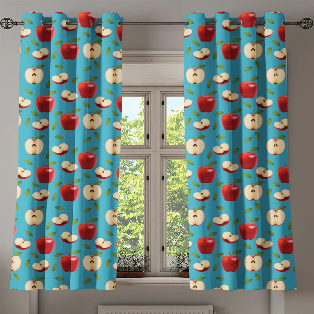 ABAKUHAUS Tenda con occhielli a forma di mela, mele rosse deliziose intere e tagliate a metà su sfondo astratto - scelte salutari, tende decorative a 2 pannelli per finestre, 280 cm x 225 cm, crema blu rubino - 2
