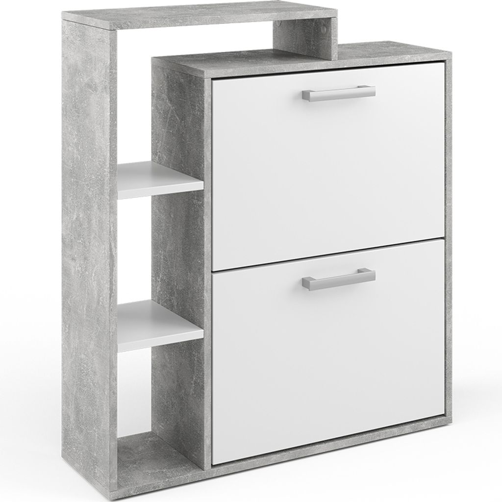 A modern shoe cabinet with two flip-down drawers and open shelves on the side.