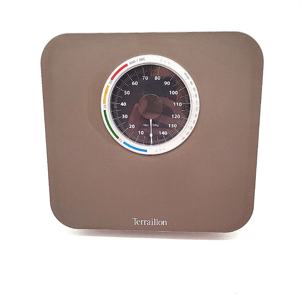 A top-down view of a Terraillon bathroom scale.