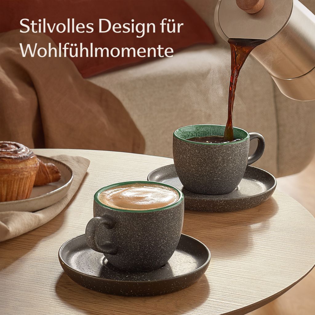 Cosumy Cappuccino Tassen mit Untertassen 4er Set grün