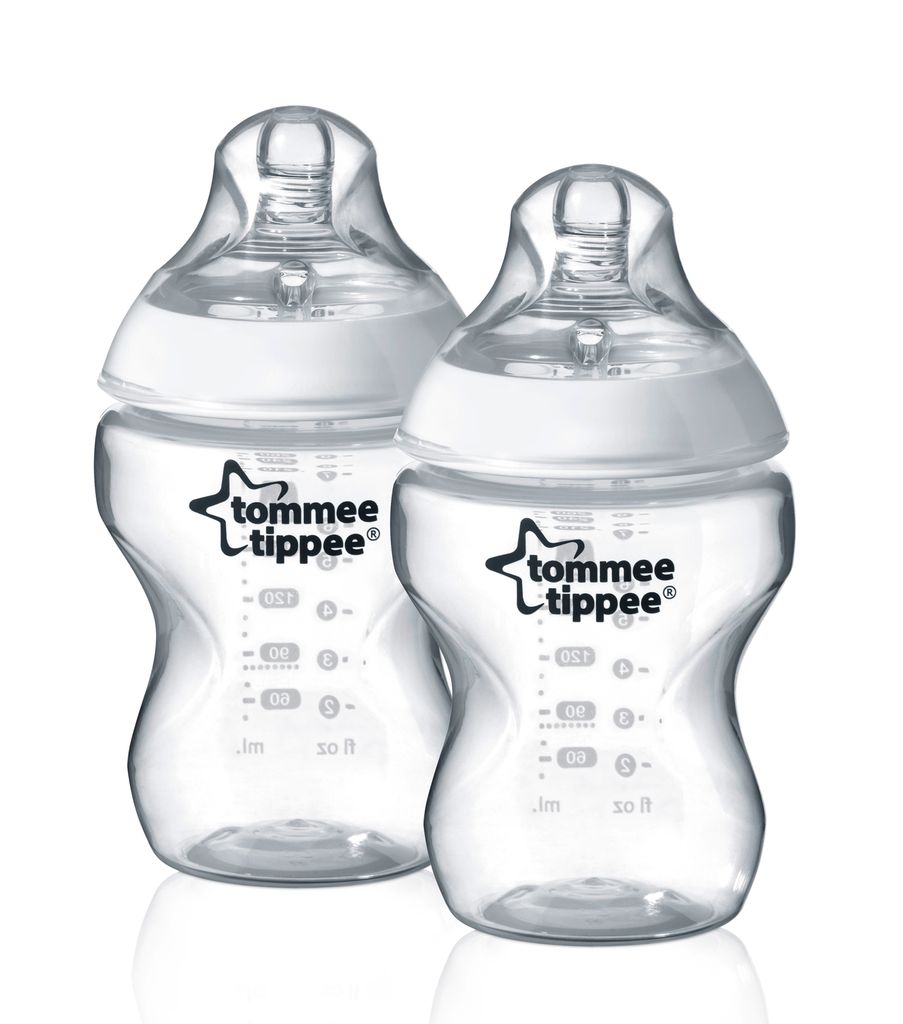 Two clear baby bottles with white nipples and white collars are shown against a white background.