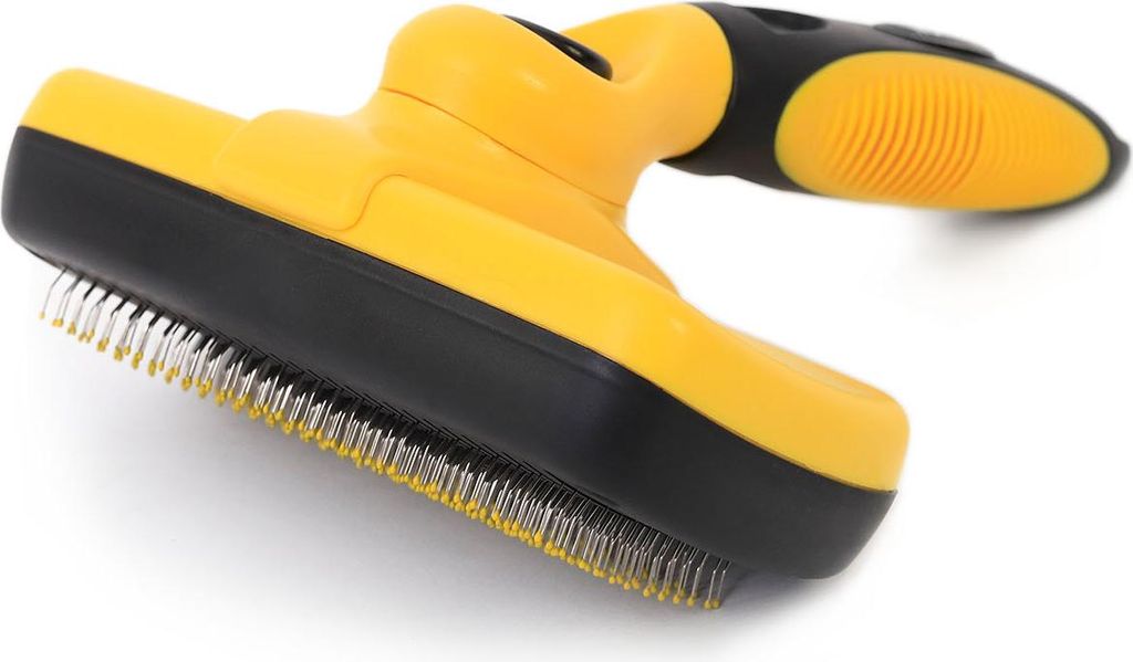 lionto Katzenbürste mit Knopfreinigung, Fellpflegebürste mit abgerundeten Edelstahlborsten, ergonomisch & hautschonend, gelb/schwarz