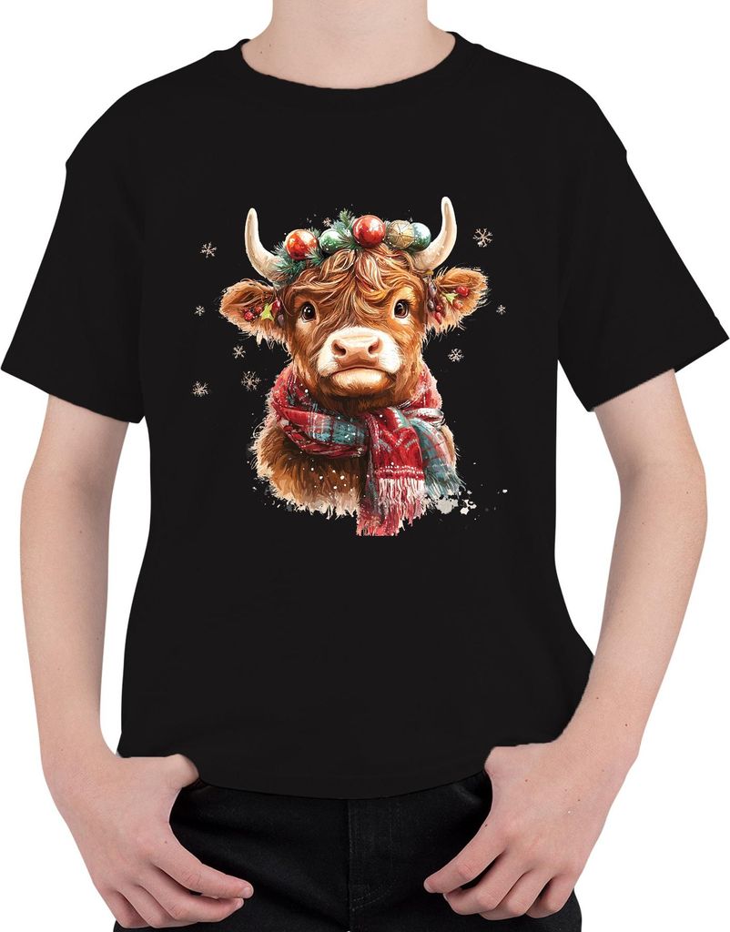 Weihnachten Niedliche Highland Kuh Schneeflocken Vintage Geschenk Uni Kinder T-Shirt, Schwarz, 152