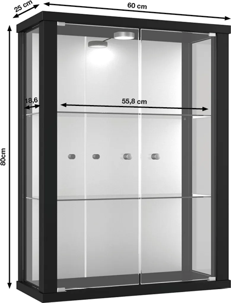 K-Möbel Vitrine Suspendue Noire 80x60cm avec Miroir et Éclairage LED - 10