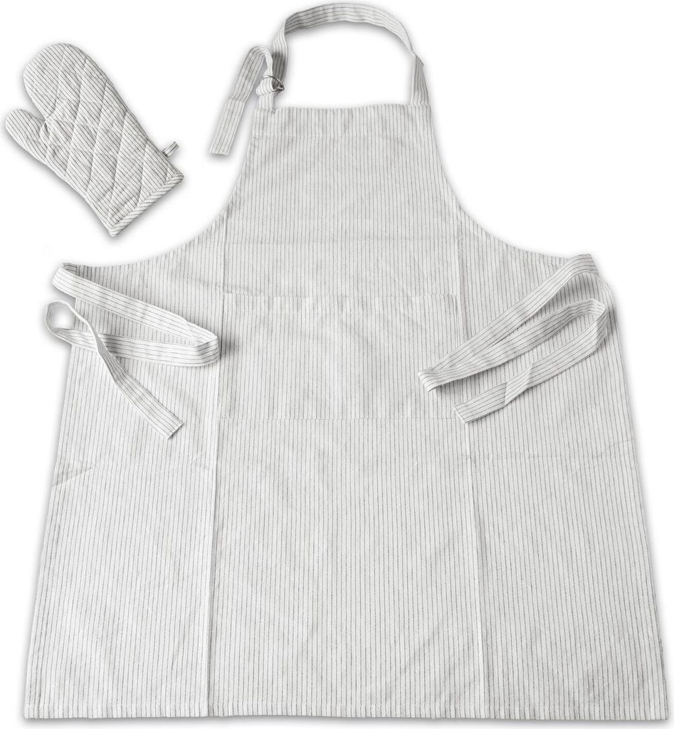 1 Karton Grillschürze Küchenschürze mit Ofenhandschuh 2teilig im Set weiss/schwarz gestreift