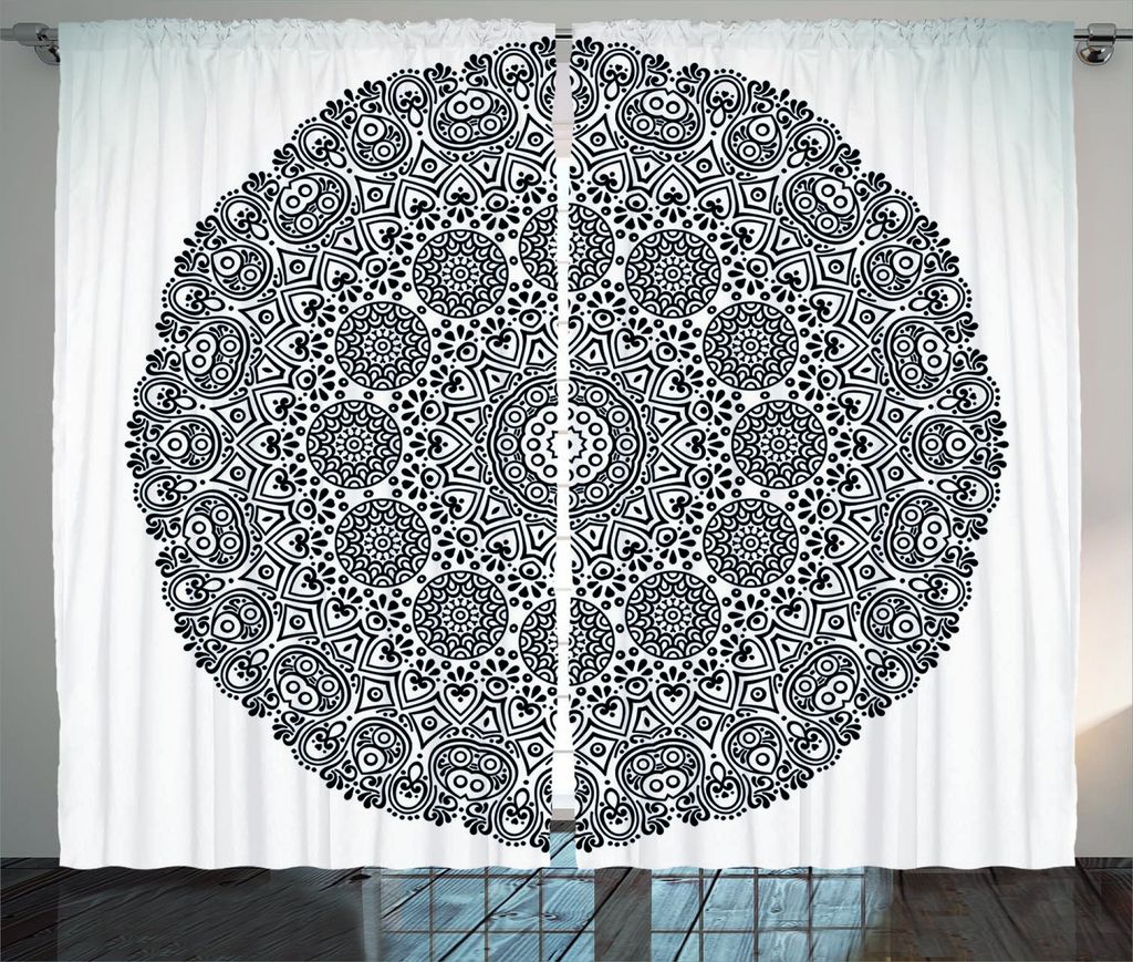 ABAKUHAUS Blumen Rustikaler Gardine, Mandala-Spitze-Kunst, Schlafzimmer Kräuselband Vorhang mit Schlaufen und Haken, 280 x 175 cm, Weiß und Schwarz