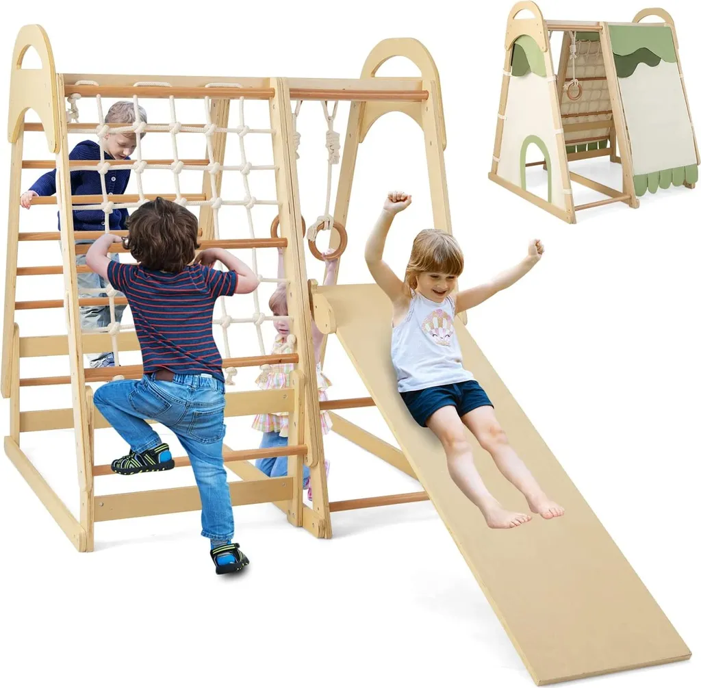 COSTWAY Ensemble d'Escalade 6 en 1 en Bois avec Tente et Toboggan Enfant