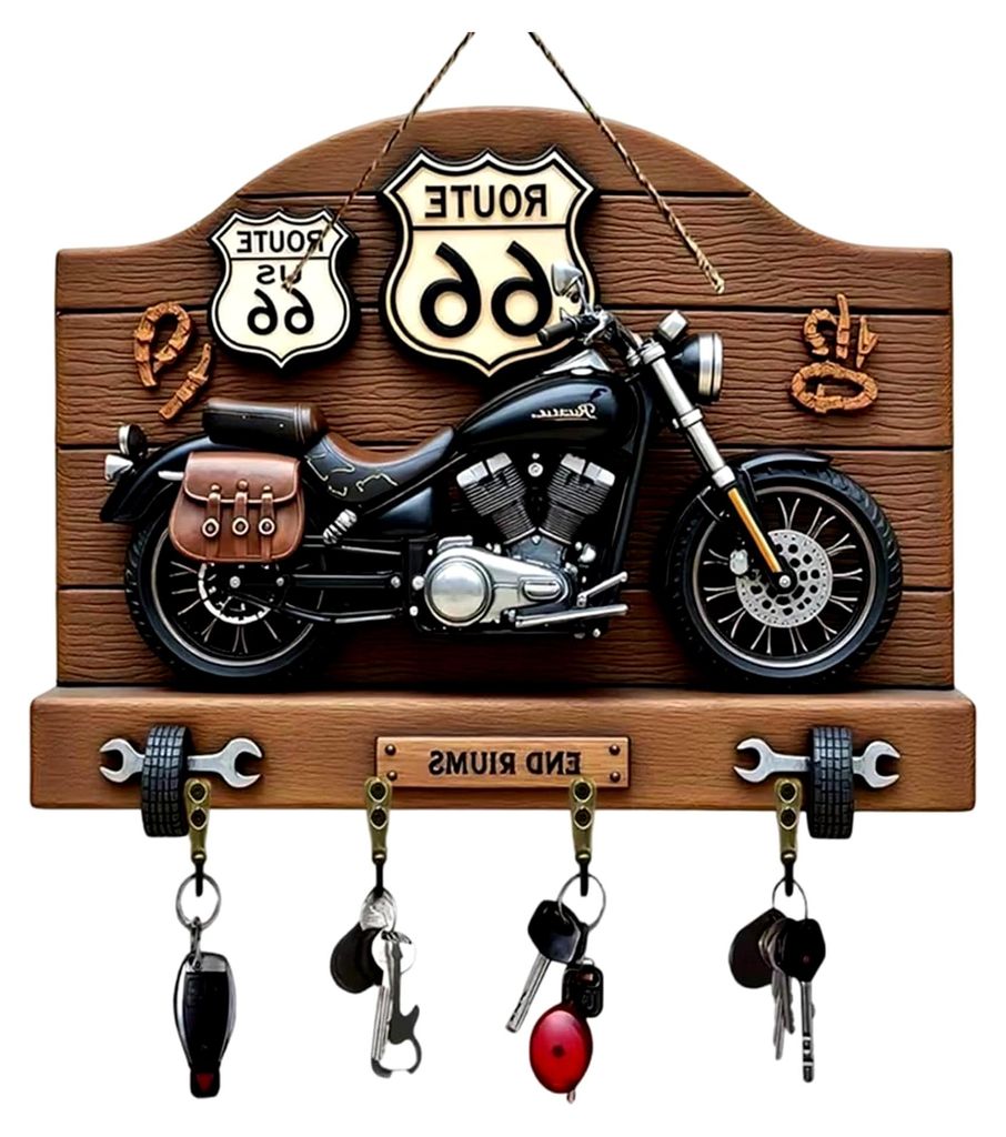 Retro Motorrad Schlüsselbrett aus Holz, Buntes 2D Schlüsselbrett für Flur & Bauernhaus-Stil, Praktisches Schlüsselboard, Universelle Schlüssel...