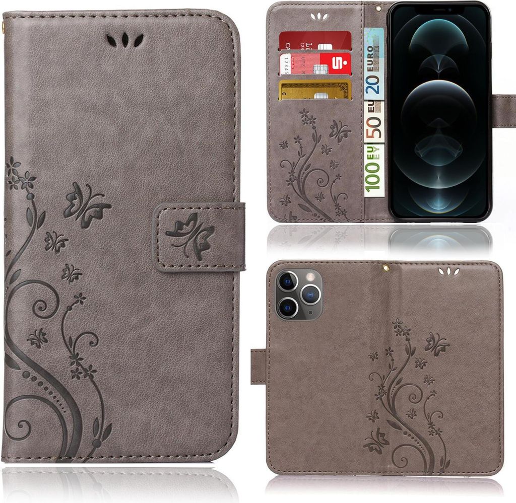 A collage of images showing a gray flip phone case with a floral and butterfly design for an Apple iPhone 13 Pro Max, including views of the case open with cards and cash, and the back of the case with the camera cutout.
