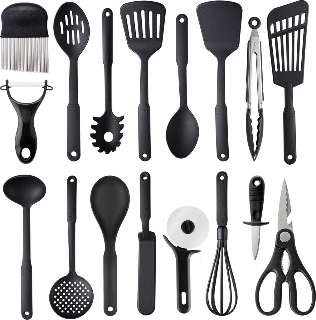 17-teiliges Nylon hitzebeständiges Antihaft-Küchenutensilien-Set - BPA-frei - spülmaschinenfest - schwarz