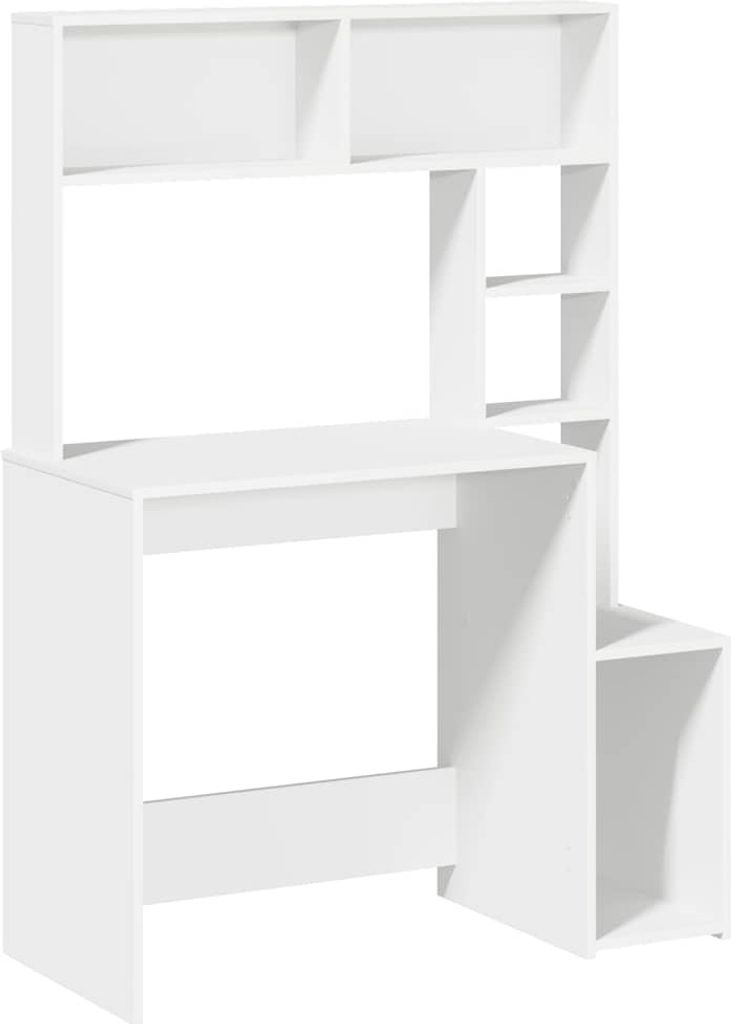 A white desk with shelves attached to the top and side.