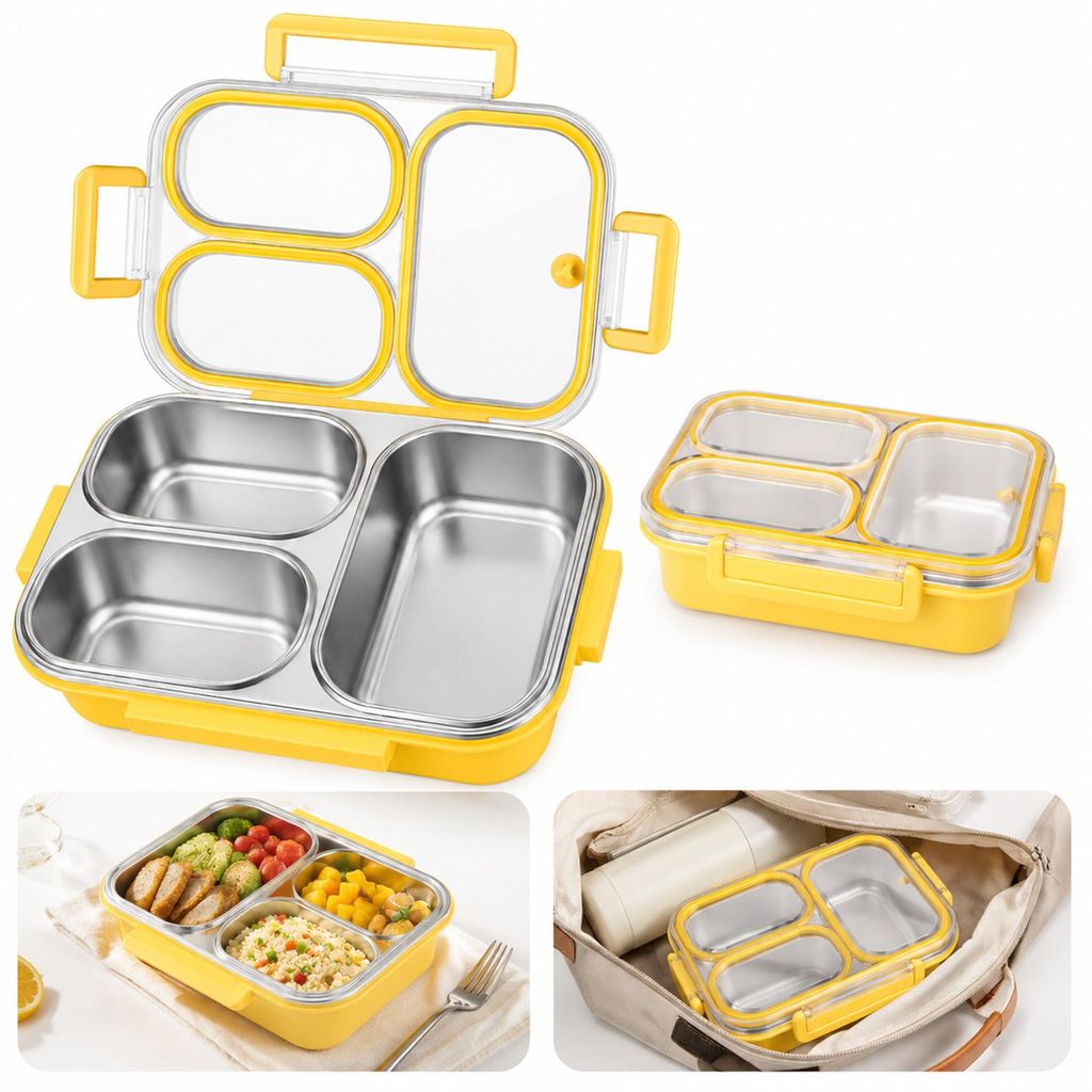 Bento Lunchbox, Edelstahl Brotdose mit 3 Fächern & dichtem Produktbild 