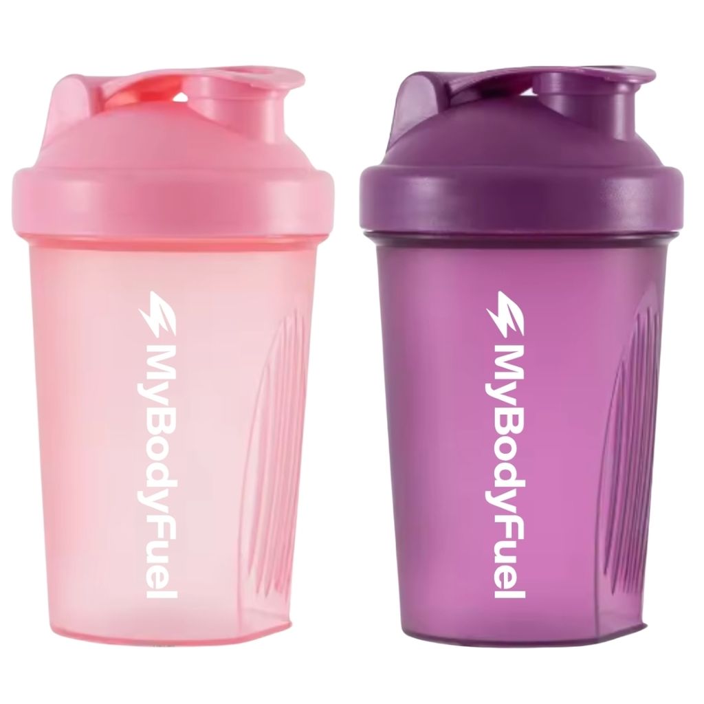 MyBodyFuel Shake Becher (2er Set) – Protein Shaker mit Mixfilter, 400 ml, BPA-frei – Für Smoothies & Proteinshakes (Rosa/Lila)