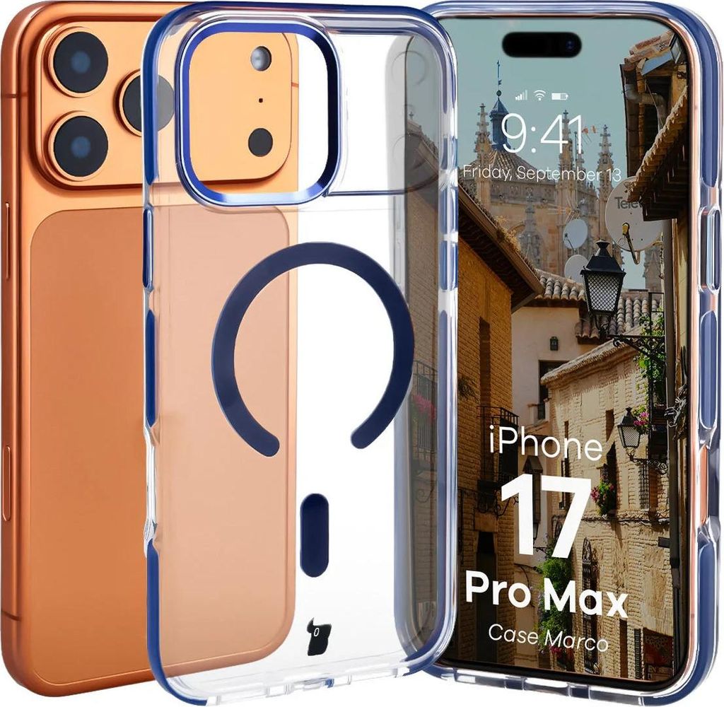 Handyhülle mit Magnetring für iPhone 17 Pro Max, Bizon Case Marco, Transparent mit blauem Rahmen
