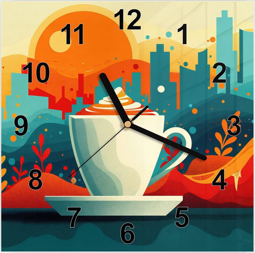 Wanduhr aus Glas mit Motiv Kaffee Am Abend- 30 x 30 cm - inkl. Aufhängesystem