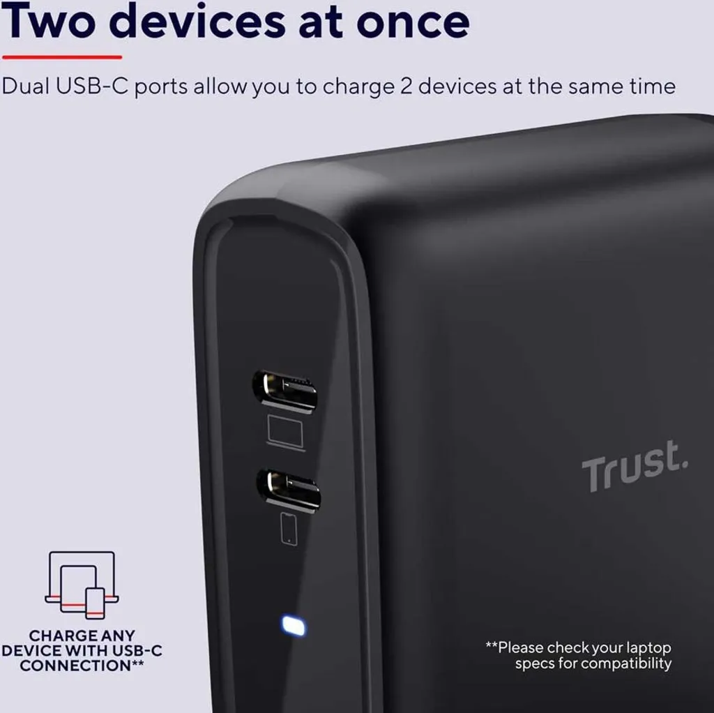 Chargeur Rapide Trust Maxo 65W PD 3.0 Noir - Double Sortie USB-C Compacte - 7