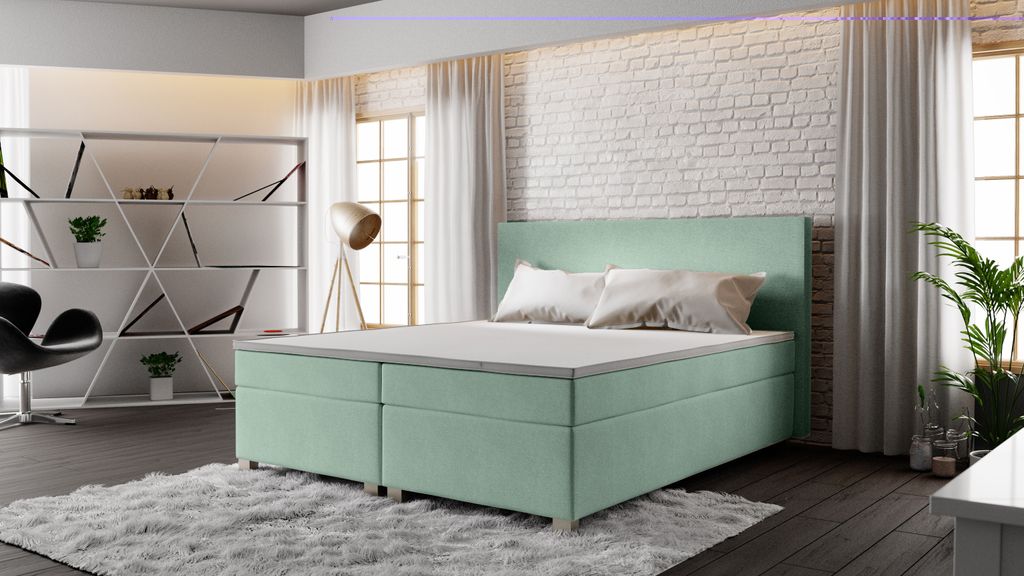Roe Furniture | Boxspringbett - SIMPLE - 160x200 cm - Hellblau - Mit Bonell-Matratze - Doppelbett - Tagesbett - Bett Schlafzimmer - Gästebett