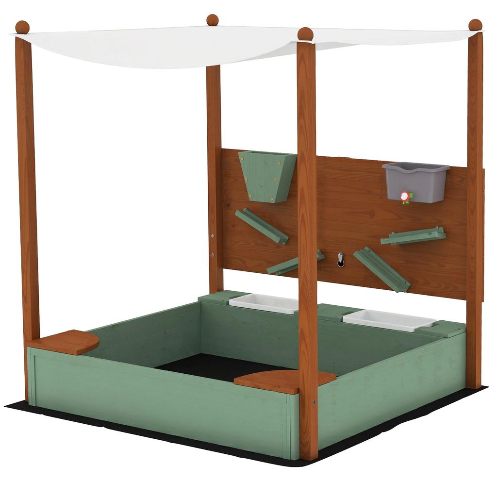 Sandkasten mit Sonnendach für Kinder, 2 Aufbewahrungsbehälter, 116L x 112,5B x 128H cm, Tannenholz, Kunststoff, Grün