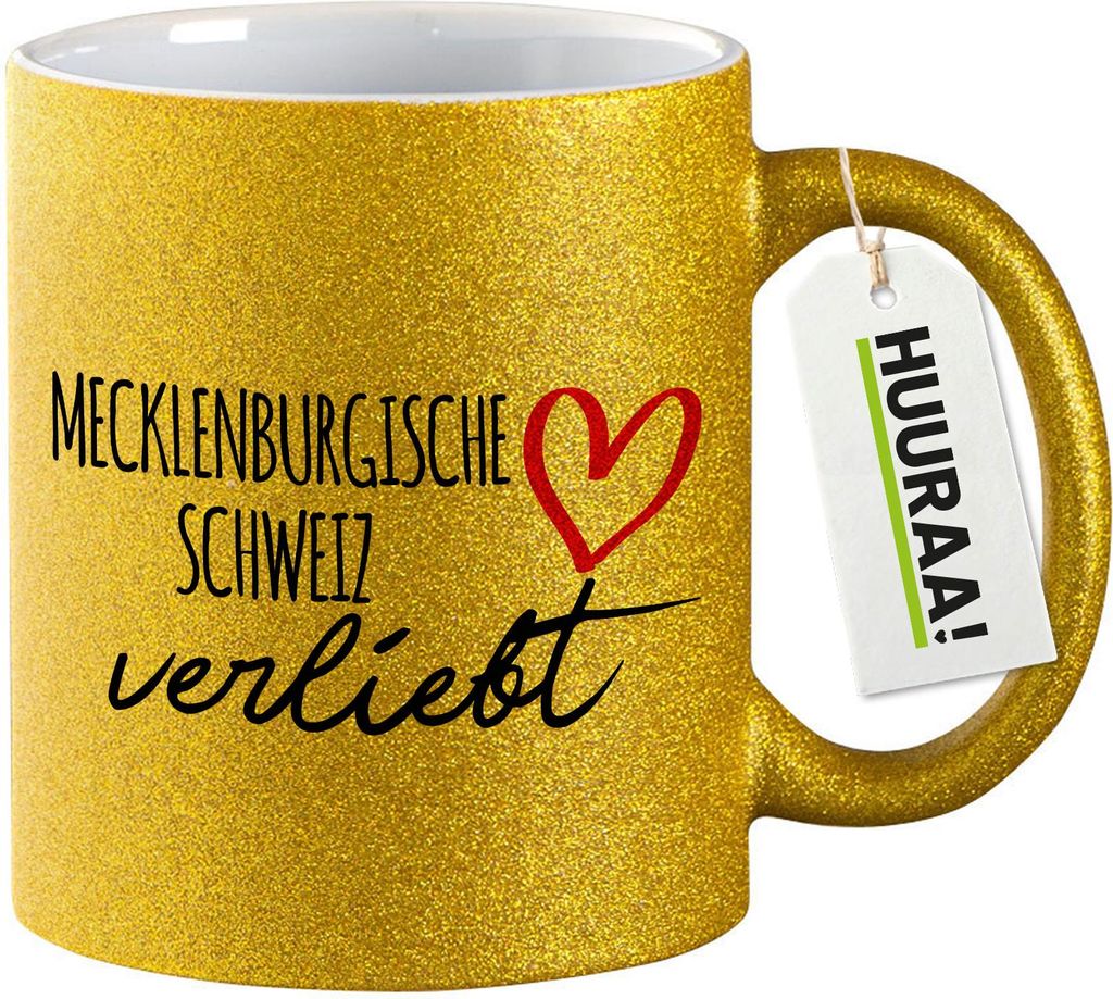 Huuraa Glitzertasse Mecklenburgische Schweiz verliebt 330ml Gold Keramik Kaffeebecher Geschenkidee