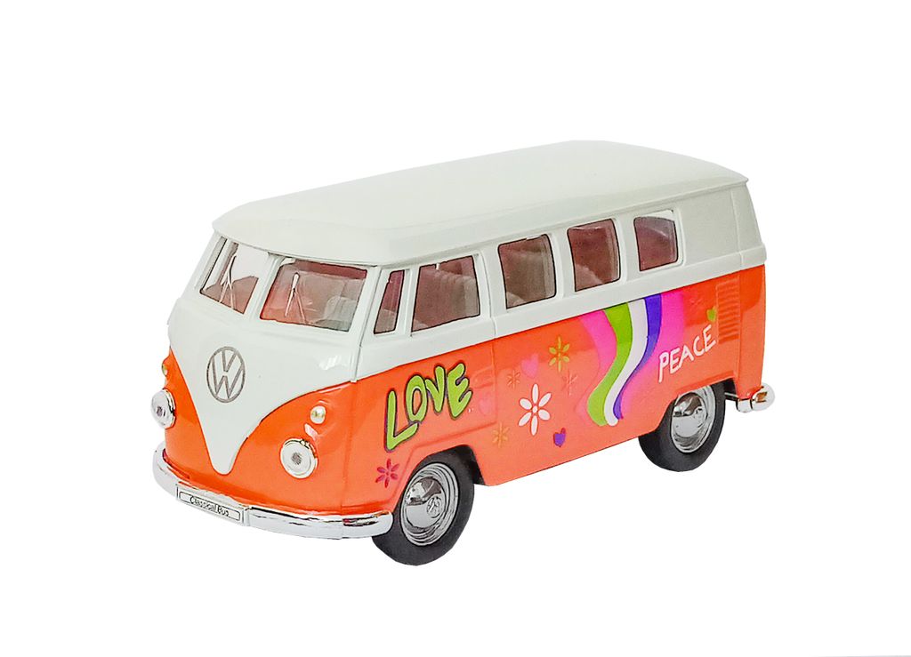 VOLKSWAGEN Bus T1 1963 "Flower Power" Samba Bulli VW Modell aus Metall mit Rückzugmotor Modellauto Spielzeugauto Hippie Bully Welly 19 (Orange)