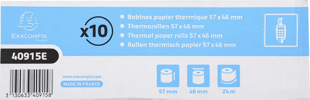 Recharge Papier pour Lecteur CB et Caisse Thermique 57mm - Boîte de 30 Exacompta