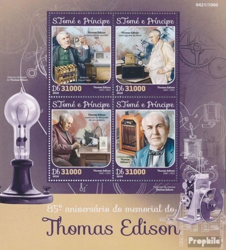 Briefmarken Sao Tome e Principe 2016 Mi 6546-6549 Kleinbogen (kompl. Ausgabe) postfrisch Tom Edison