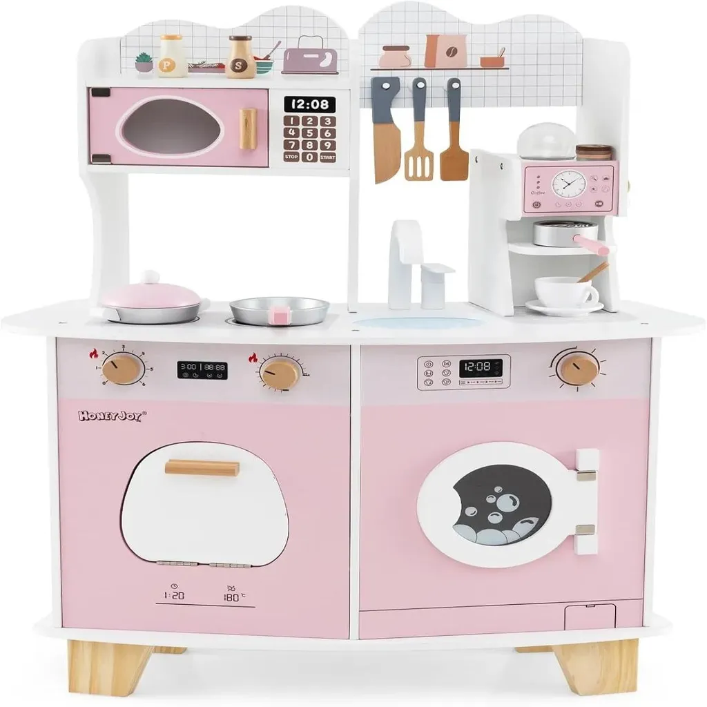 Cuisine jouet en bois rose avec horloge et micro-ondes pour enfants