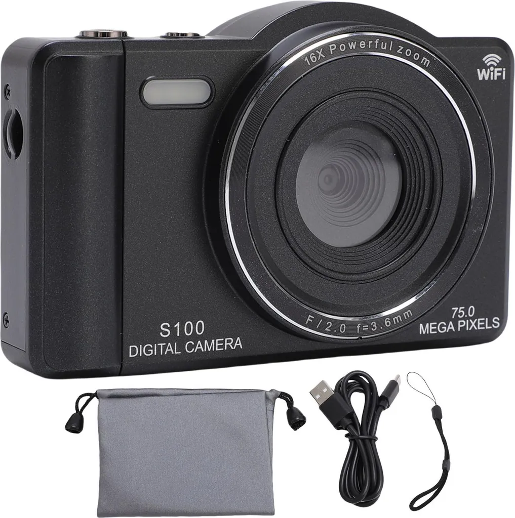 fotocamera digitale 4K, 75 MP, WLAN, vlog con zoom 16x, flash integrato, doppio obiettivo, selfie autofocus per la fotografia di viaggio, nero, 64 GB