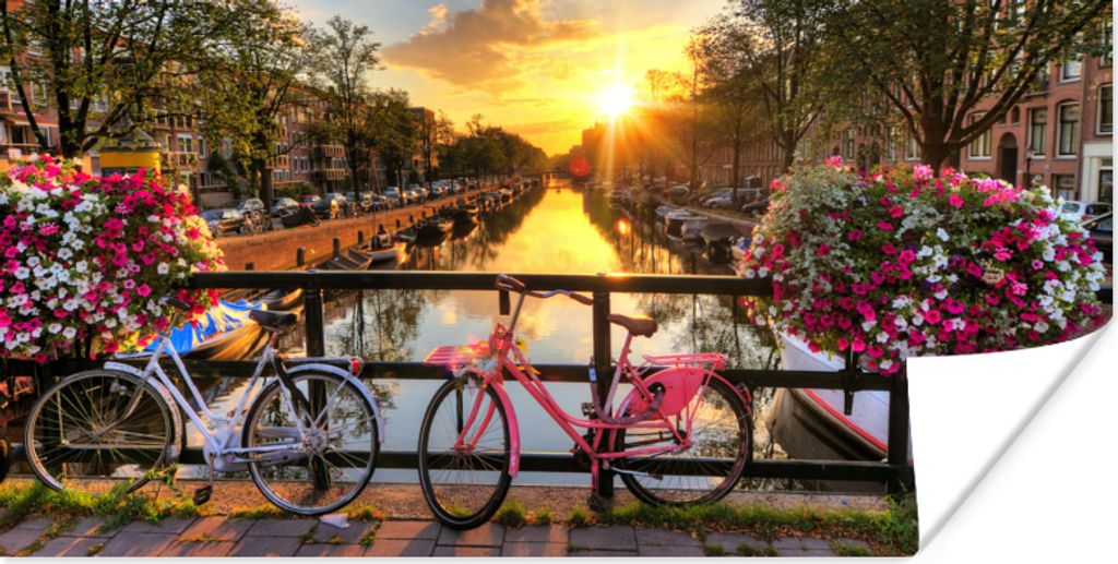 MuchoWow Poster Amsterdam - Blumen - Brücke - Fahrrad - Sonnenuntergang 80x40 cm - Wanddeko