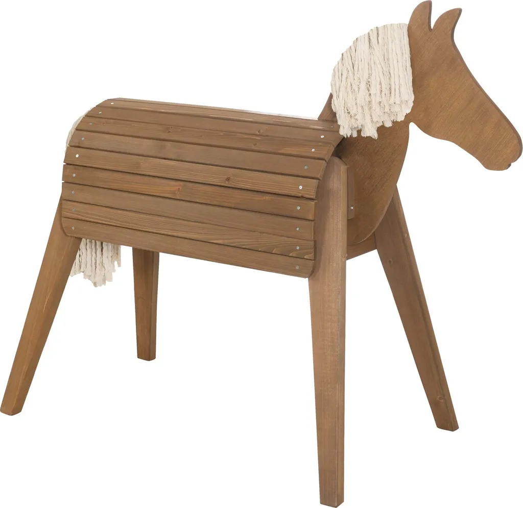 Cheval de voltige en bois massif couleur teck avec crinière et queue