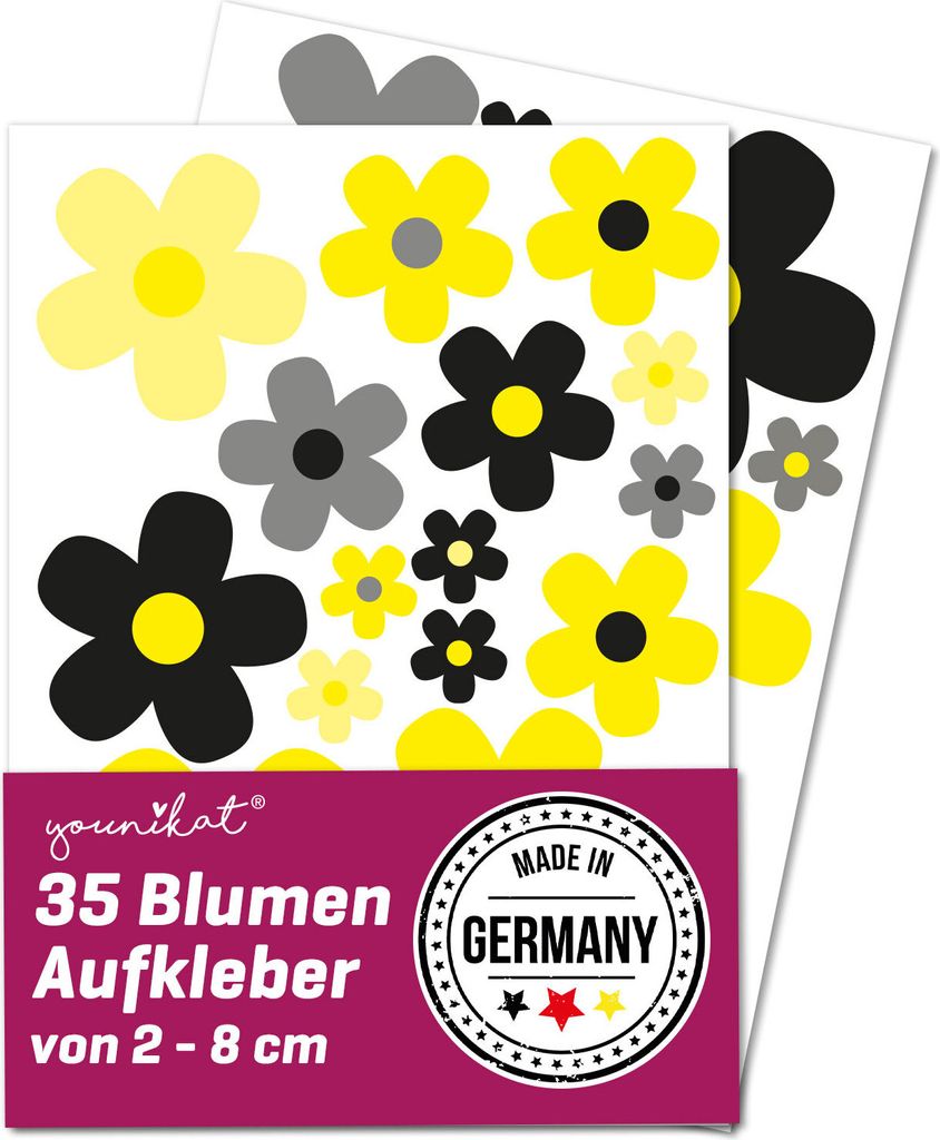 Blumen-Aufkleber-Set Blümchen schwarz-gelb I Flower-Power Sticker für Fahrrad Laptop Handy Küche Bad Fahrzeug-Aufkleber I wetterfest I kfz284