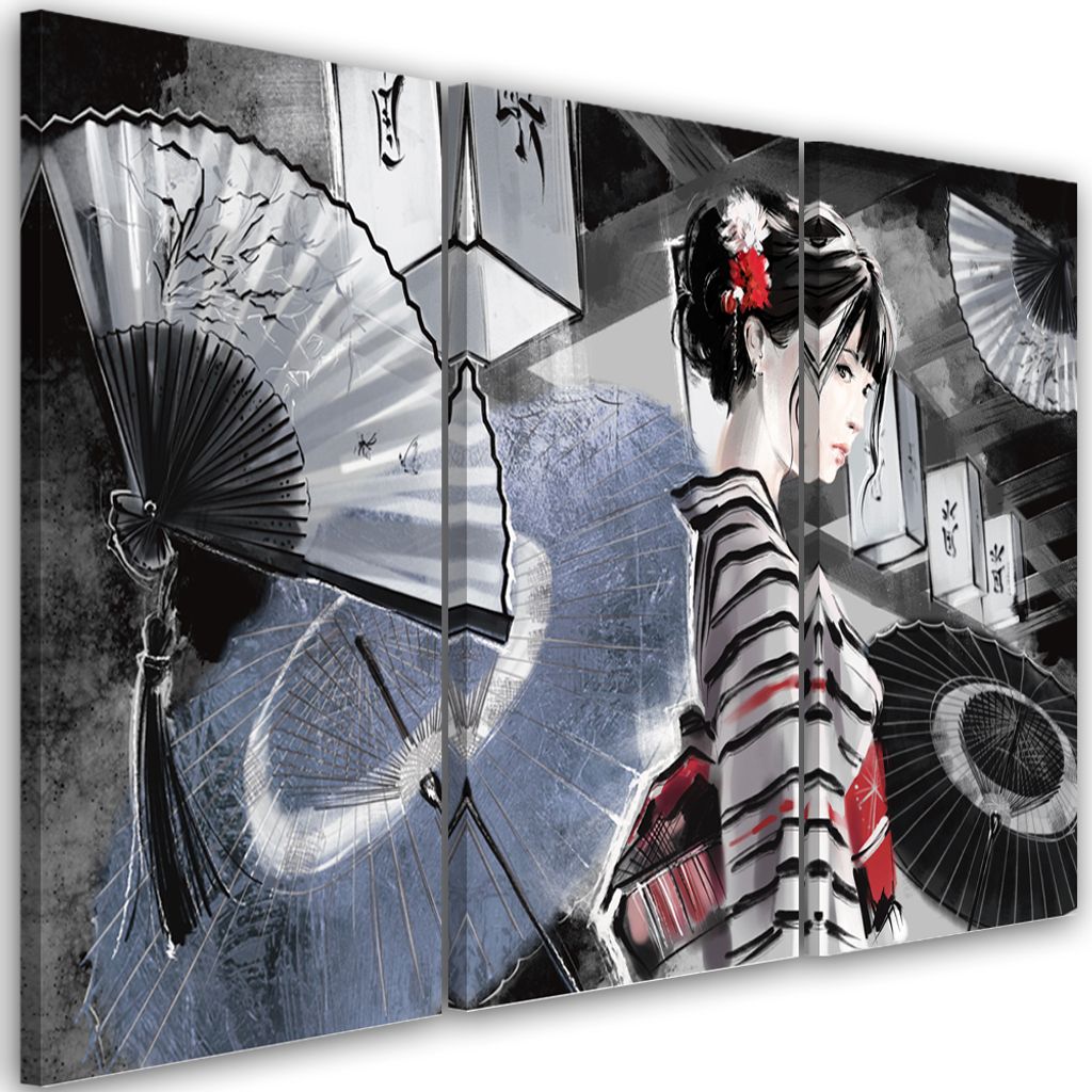 Triptychon auf leinwand geisha mit fächer 60x40 cm Feeby grau wandbild bereit zum aufhängen