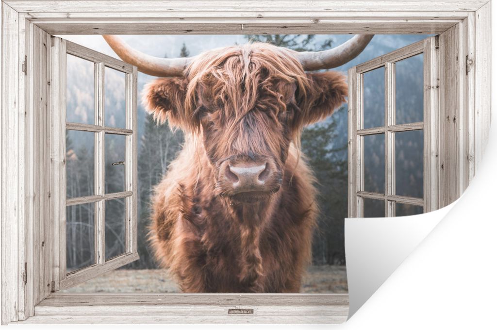 MuchoWow Wandtattoo Wandsticker Wandaufkleber Schottischer Highlander - Kuh - Berg - Aussicht 90x60 cm Selbstklebend und Repositionierbar - Aufkl...