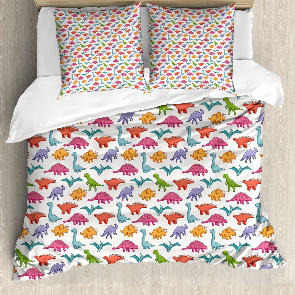 ABAKUHAUS Dinosaurier Bettbezug, Bunte Kinder-Muster, Milbensicher Allergiker geeignet mit Kissenbezügen, 155 cm x 220 cm - 80 x 80 cm, Mehrfarbig